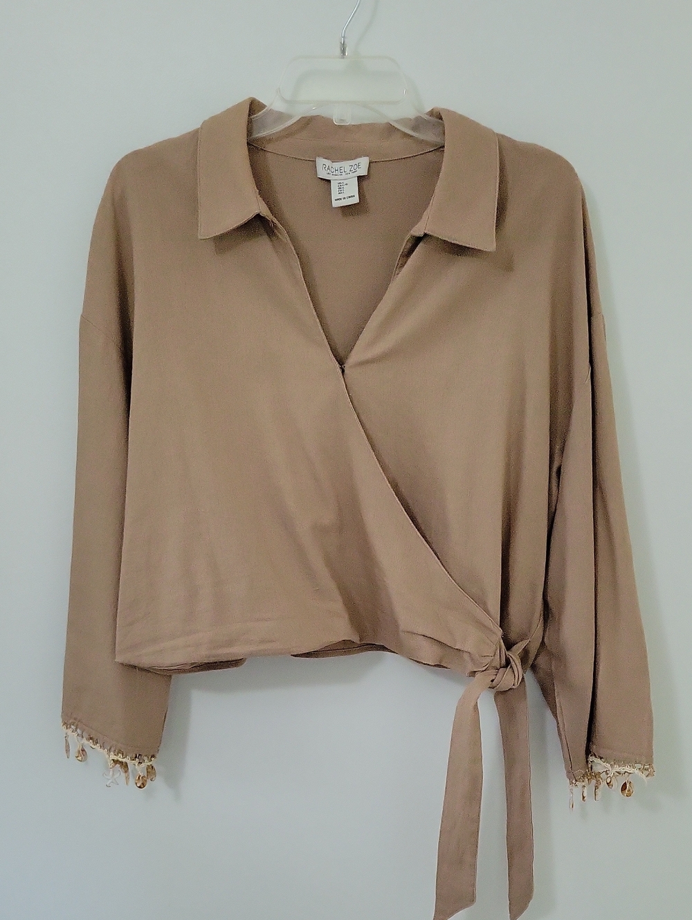 Rachel Zoe Light Brown Faux Wrap Blouse, Size Large